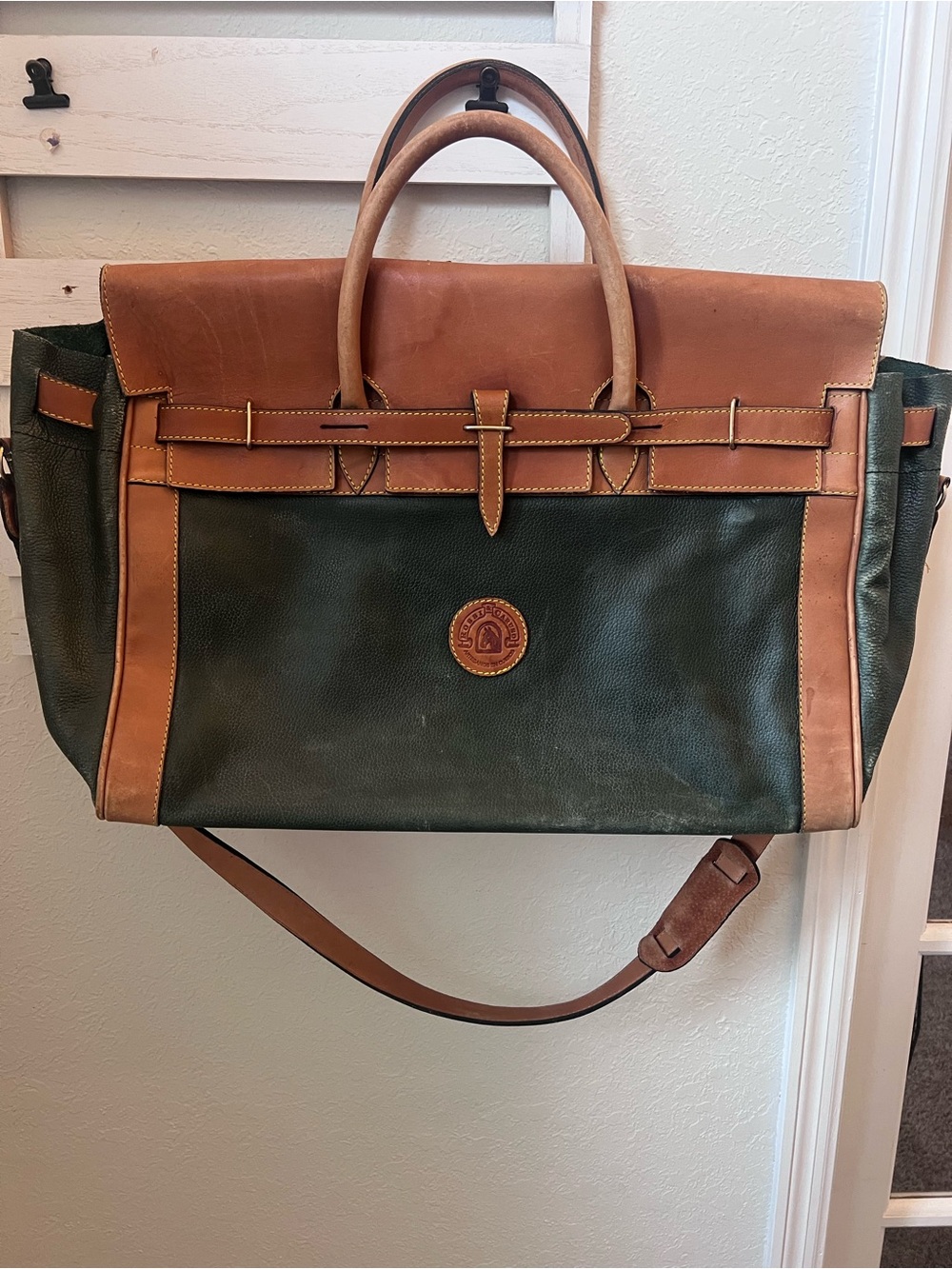 Rossi & Caruso Large Green & Cognac Leather Weekender Travel Bag